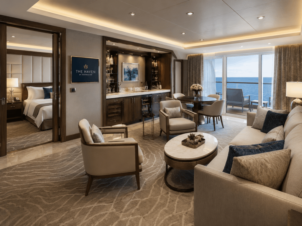 Two bedroom NCL Haven family suite living area on a Norwegian Cruise Line ship