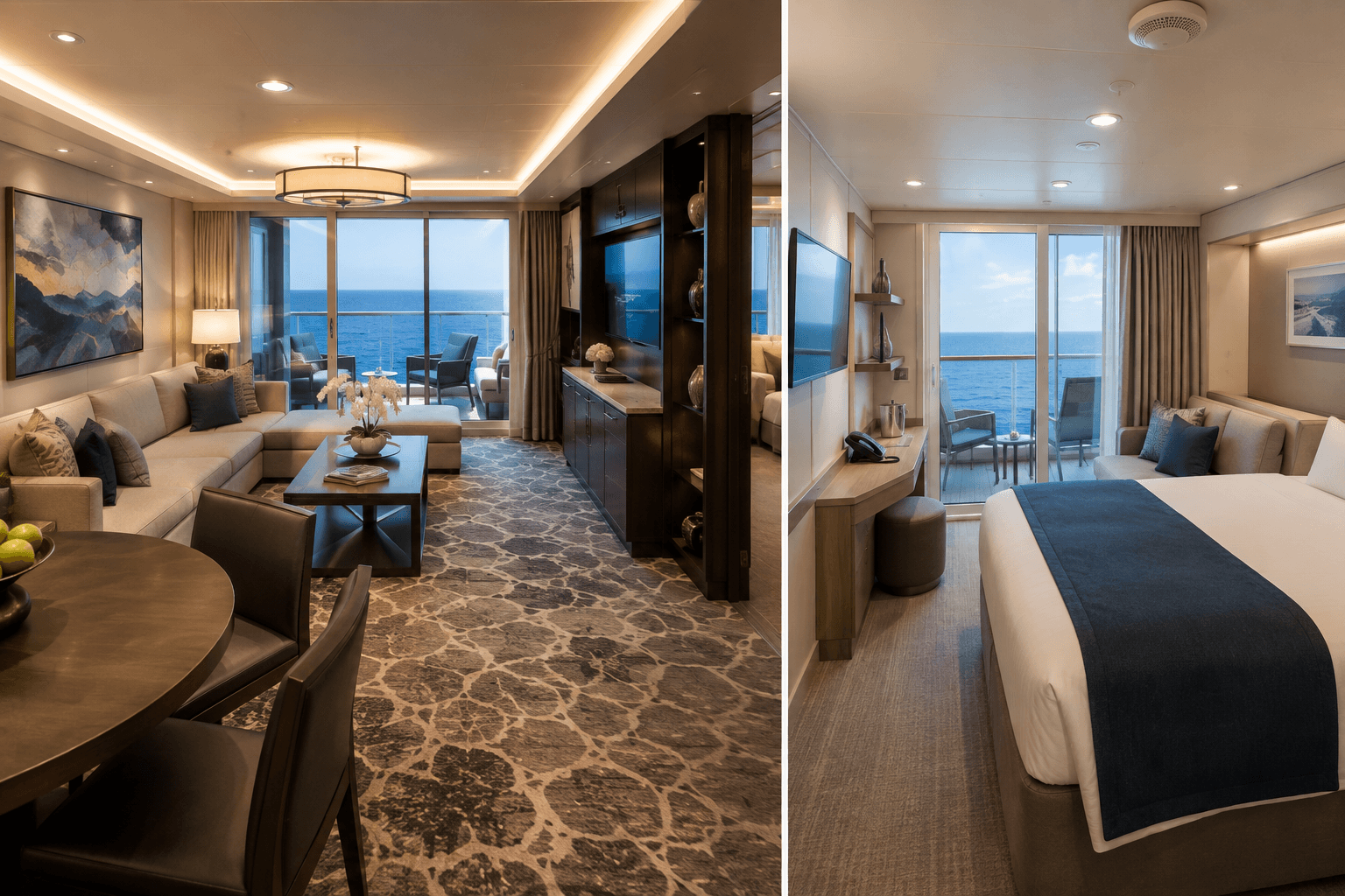 A Haven suite living area compared with a standard Norwegian balcony stateroom