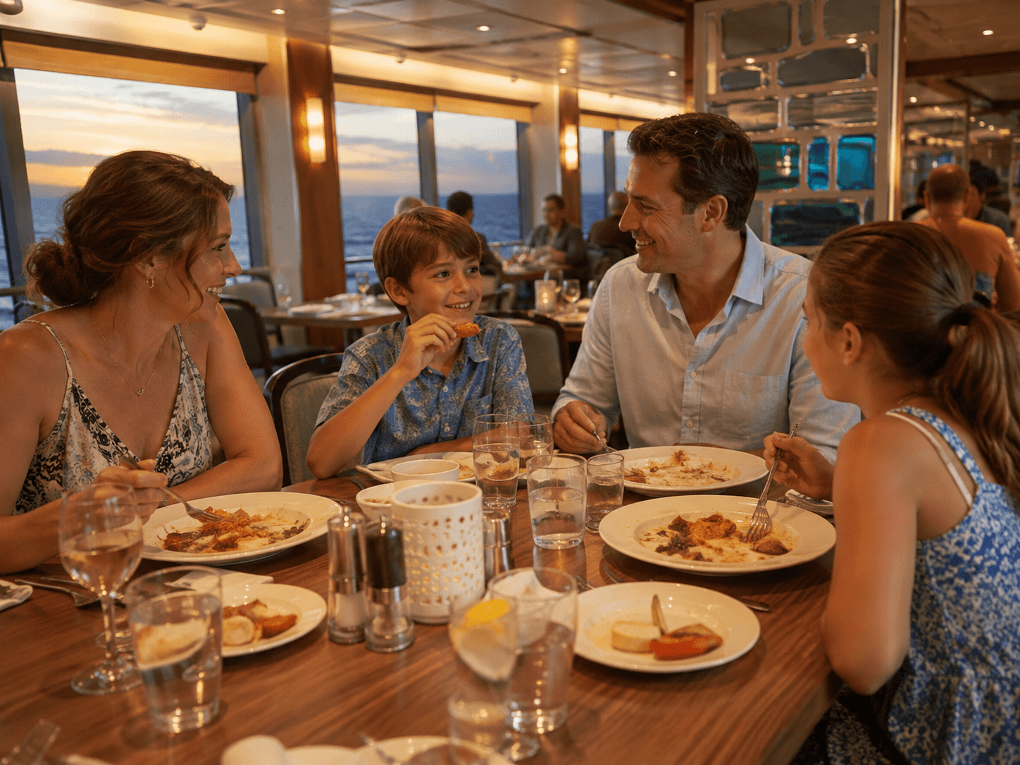 Family eating a casual dinner on a Norwegian cruise ship under Freestyle Cruising with no assigned dining time