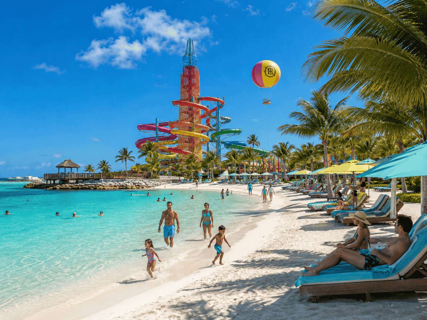 Families at a Bahamas cruise line private island waterpark, comparing Perfect Day at CocoCay and Great Stirrup Cay