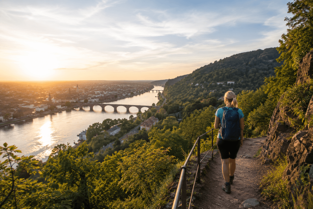 Hiker on the Philosophers Way above Heidelberg with views of the Neckar River and Old Bridge below