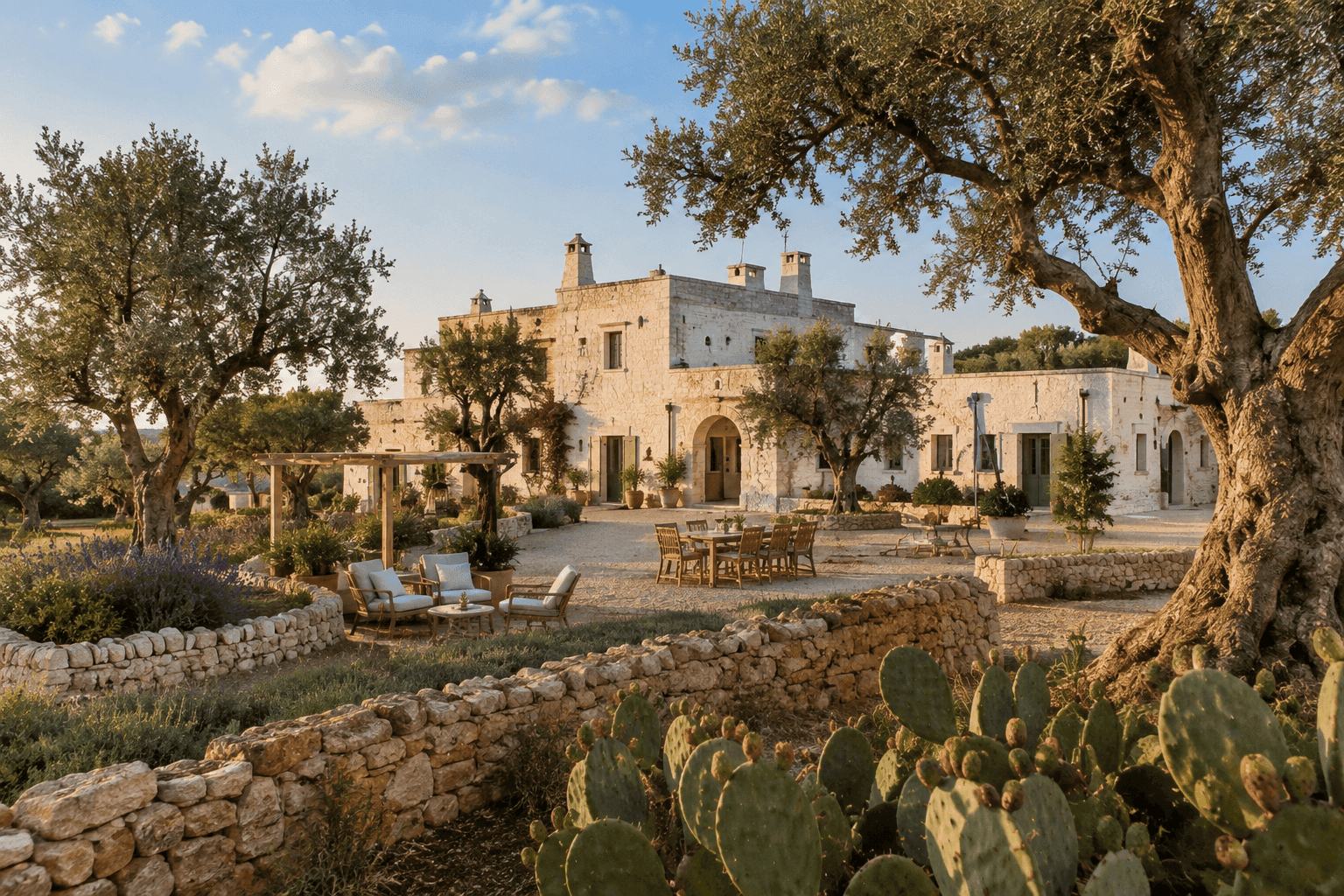 Restored stone masseria surrounded by ancient olive trees in the Valle d'Itria, Puglia
