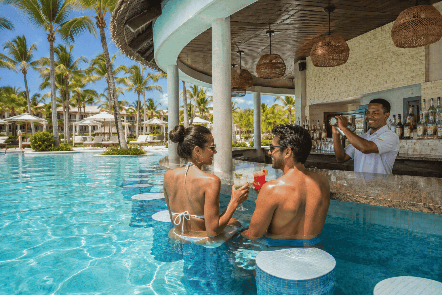 Swim-up bar at a Punta Cana all-inclusive resort with drinks included in the rate