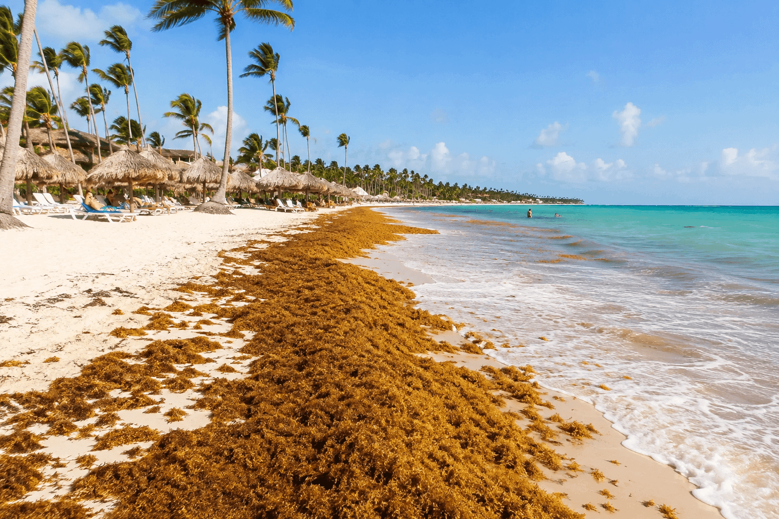 Sargassum seaweed along the shoreline at a Punta Cana beach during summer season.