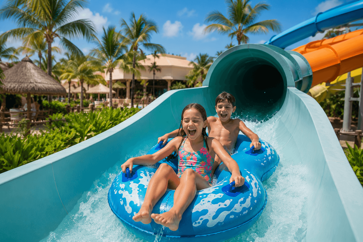 Children on a water slide at a family all-inclusive resort in Punta Cana