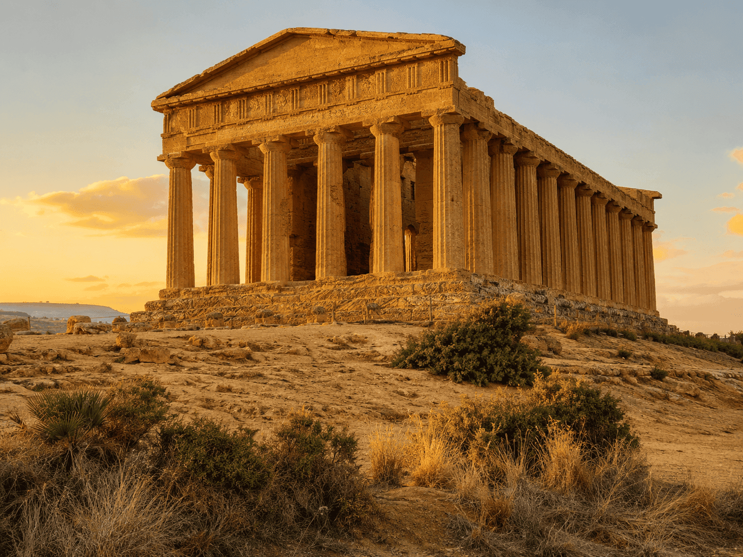 Temple of Concordia at Agrigento in golden evening light, a UNESCO site in any Sicily travel guide