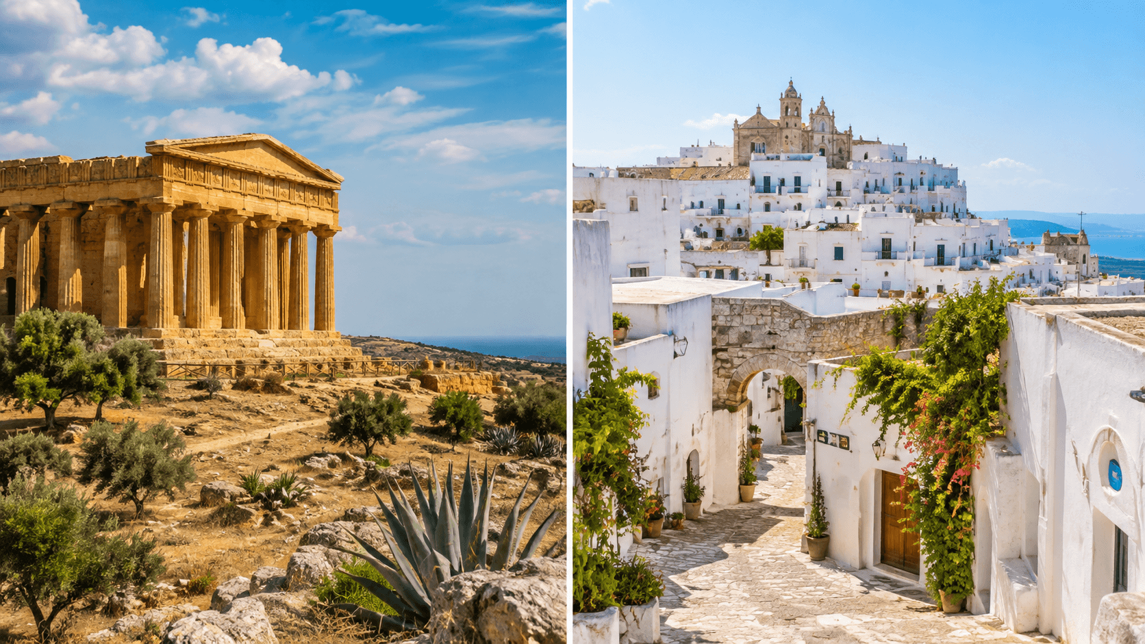 Split view of a Sicilian Greek temple and a whitewashed Puglian hill town for a Sicily vs Puglia Italy vacation comparison