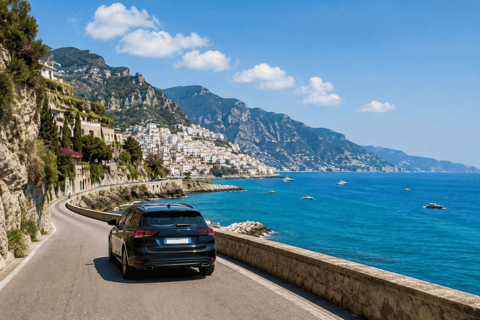 Rental car on a coastal road in southern Italy illustrating drive distances between Sicily and Puglia towns