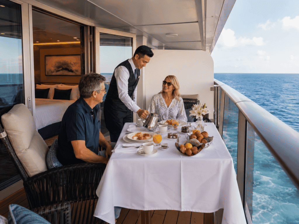 Haven butler serving balcony breakfast with white tablecloth service on a Norwegian suite balcony