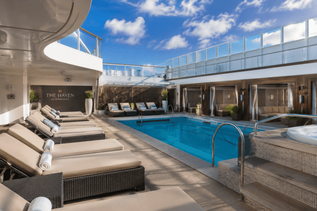 The private courtyard pool inside NCL Haven on a Norwegian Cruise Line ship