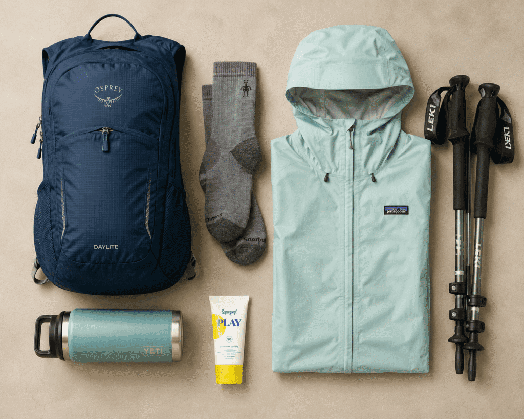Packing essentials for an active European river cruise including daypack, hiking socks, rain jacket and trekking poles
