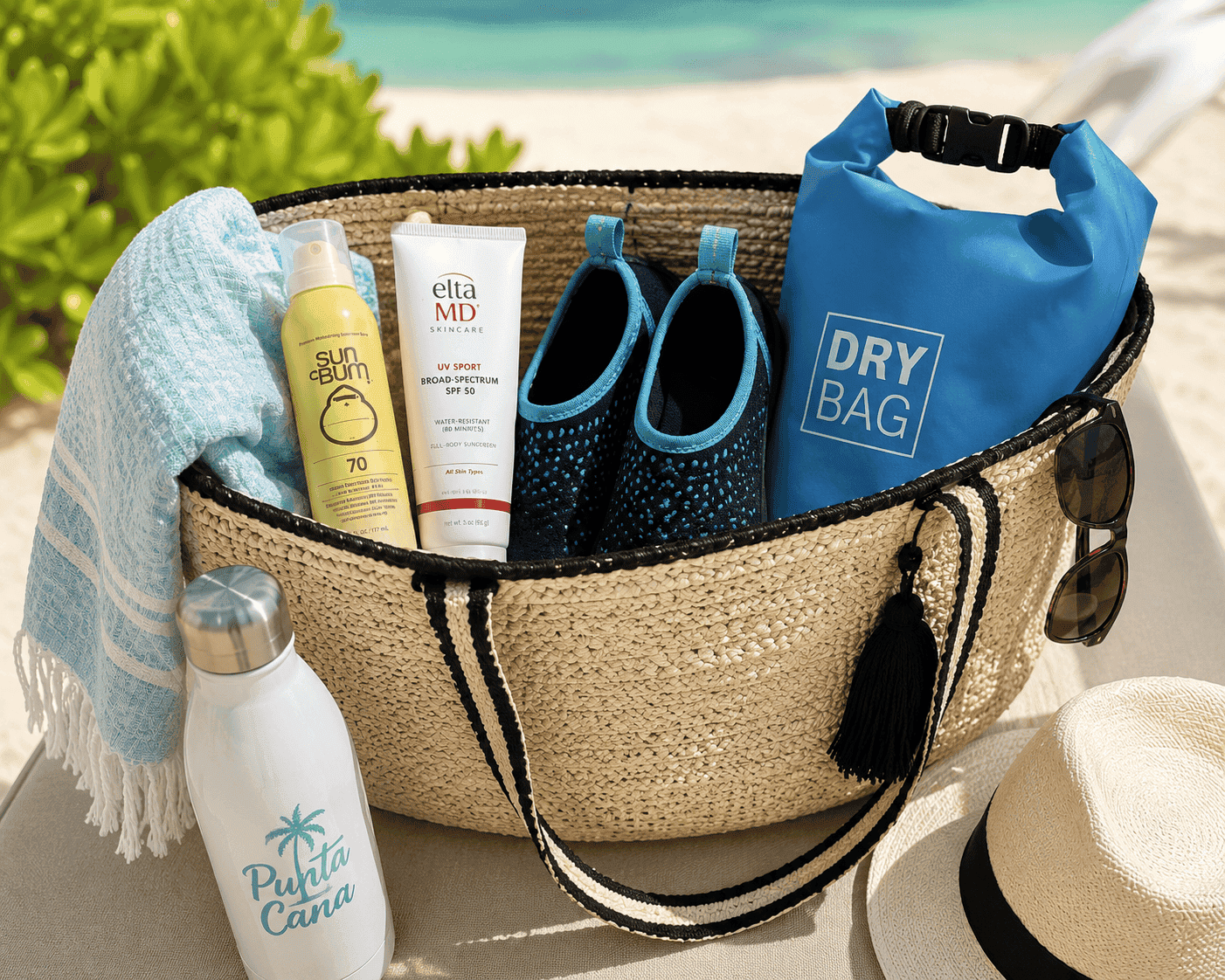 Beach bag packed with sunscreen, water shoes, and a dry bag for a Punta Cana all-inclusive trip