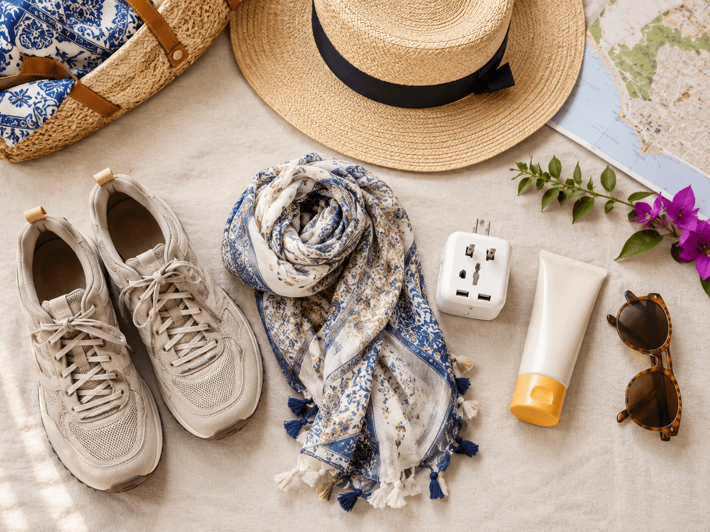 Flat lay of walking shoes, sun hat, scarf, plug adapter, and sunscreen packed for a southern Italy trip