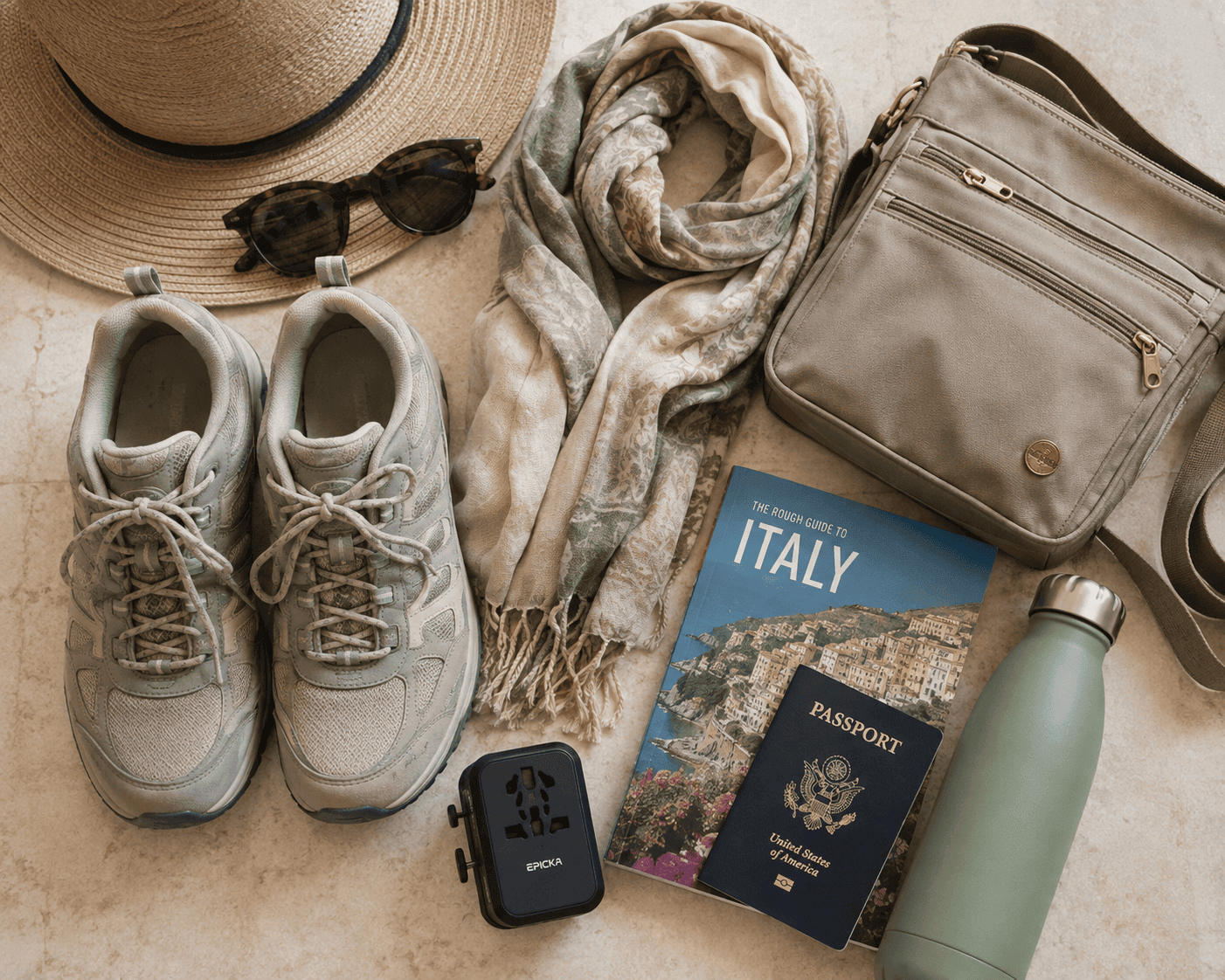 Flat lay of walking shoes, crossbody bag, scarf, plug adapter, and water bottle packed for an Italy tour