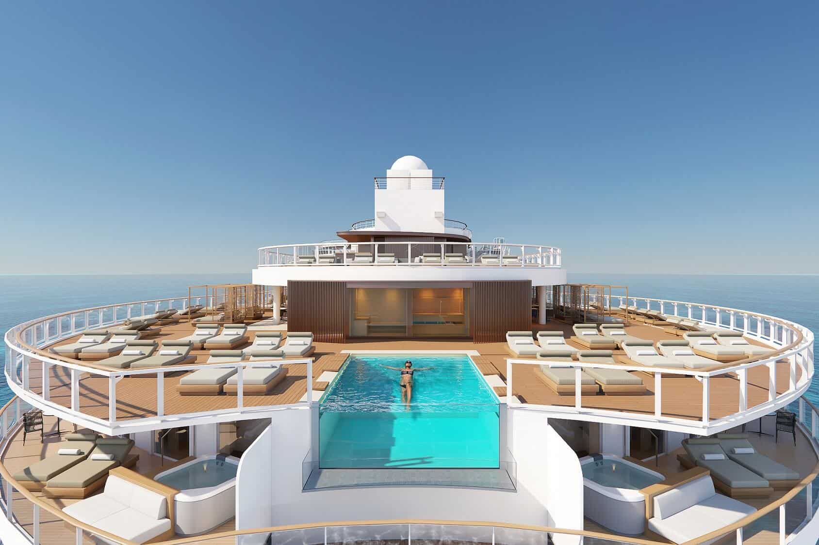 The Haven courtyard and pool on a Norwegian Prima Class ship, showing the complex that houses the Haven Restaurant