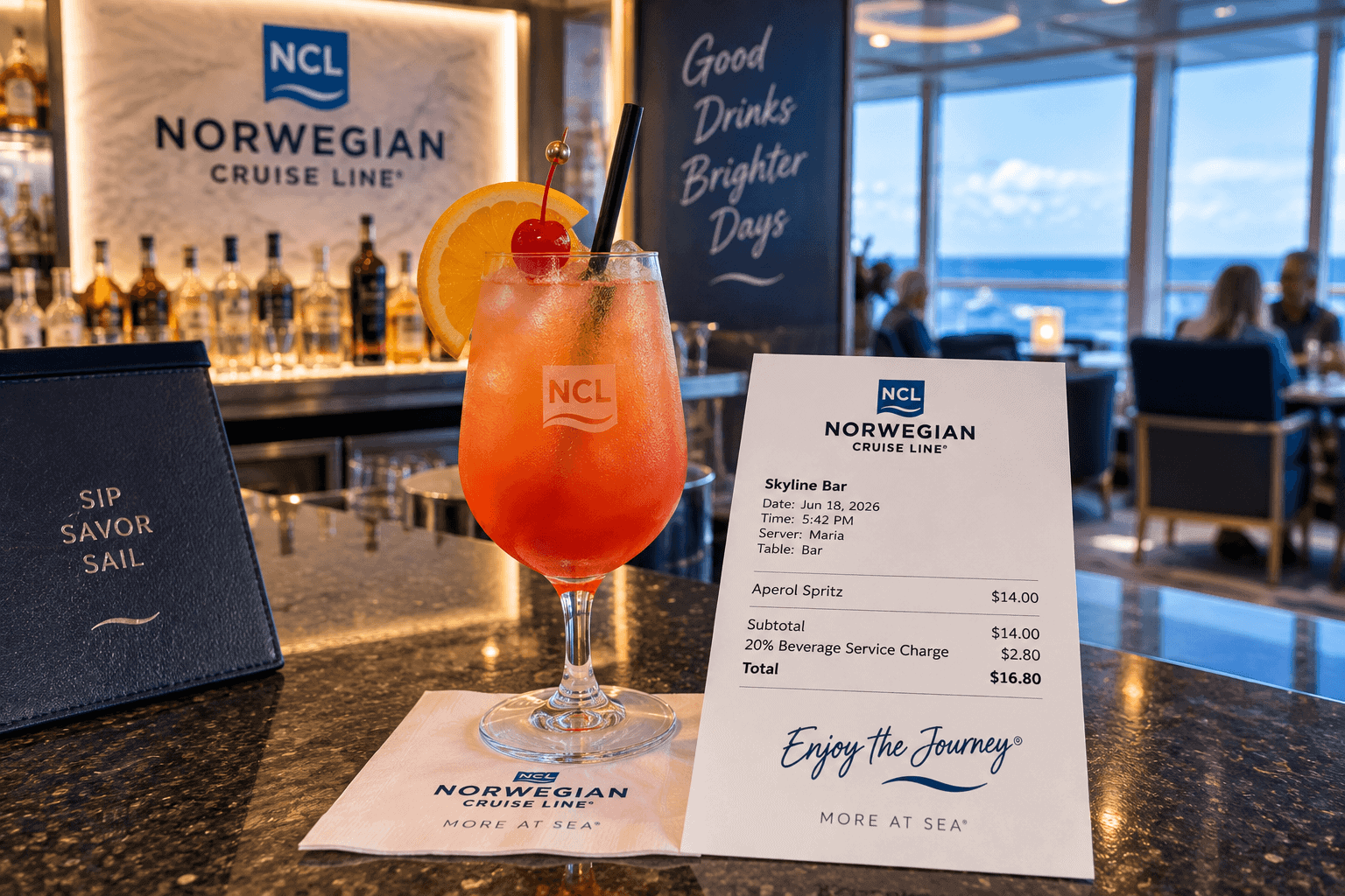 Cocktail at a Norwegian cruise ship bar carrying the automatic 20 percent beverage service charge