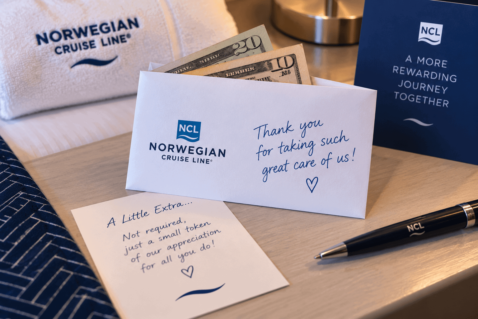 Small cash tip in an envelope prepared for Norwegian cruise crew outside the service charge pool
