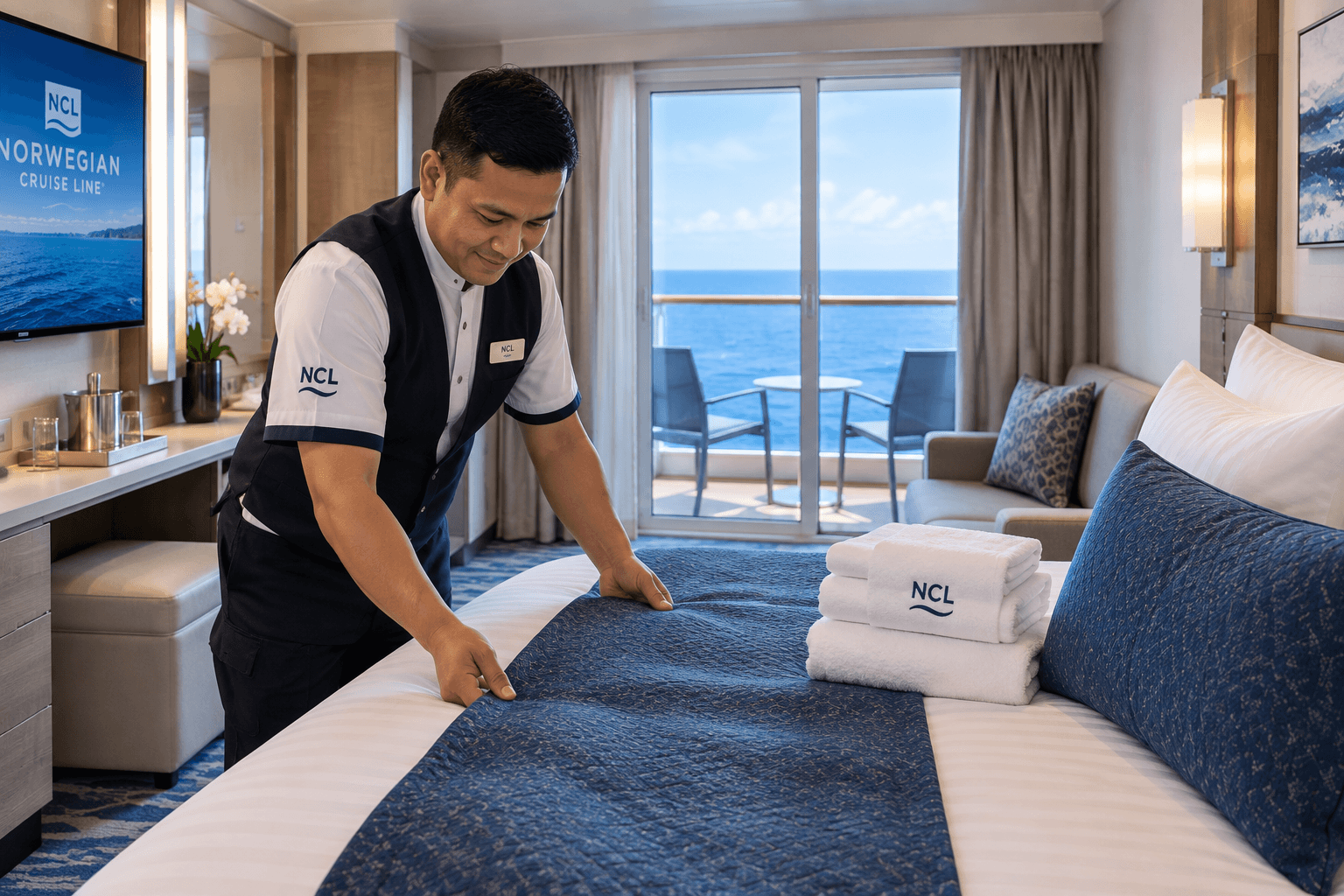 Cruise stateroom steward servicing a Norwegian cabin, a role covered by the daily service charge