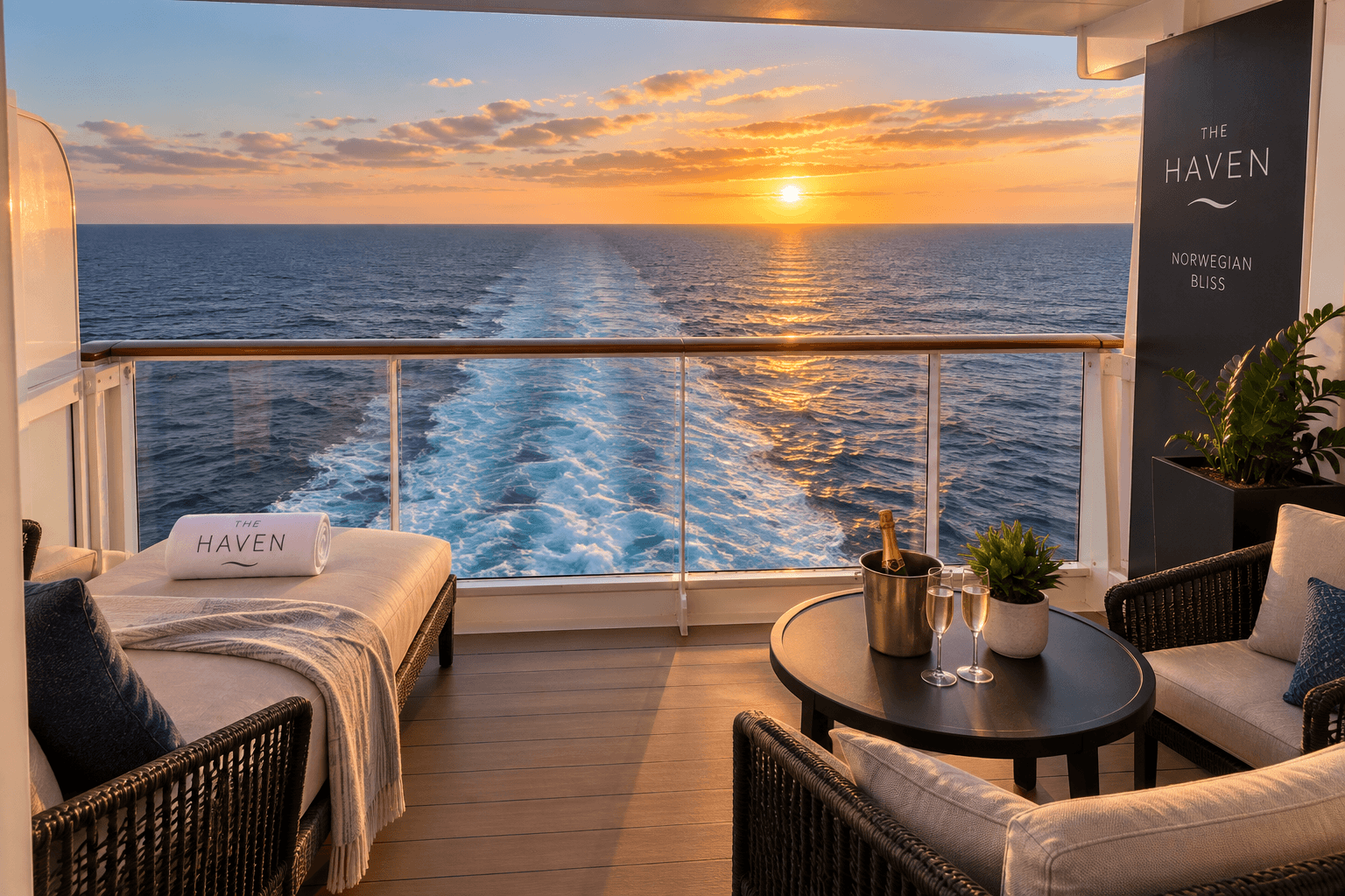 Aft-facing Haven penthouse balcony on Norwegian Bliss with wake view, category HB or HC