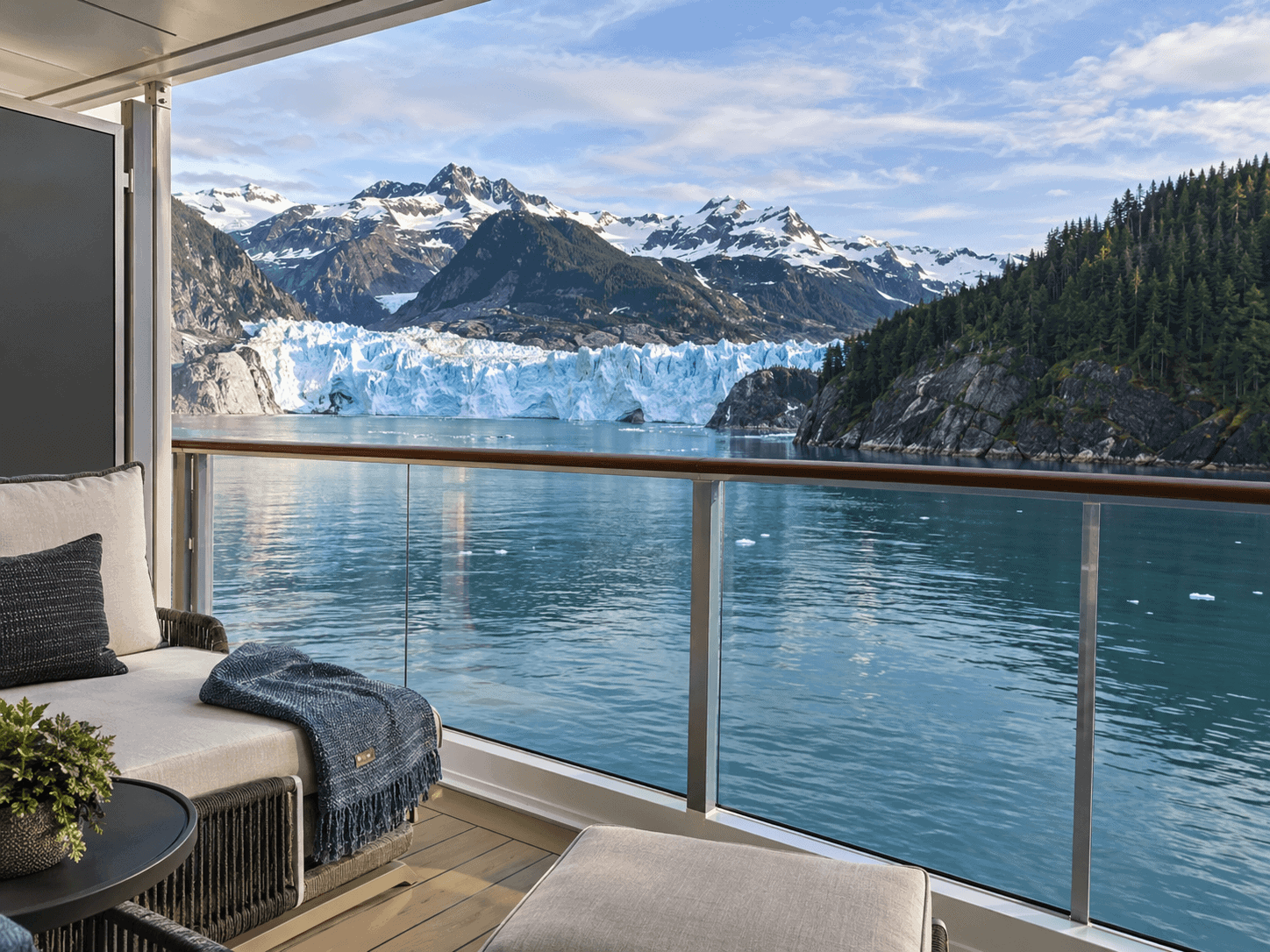Glacier and forested shoreline seen from a Norwegian Bliss Haven suite balcony on an Alaska sailing