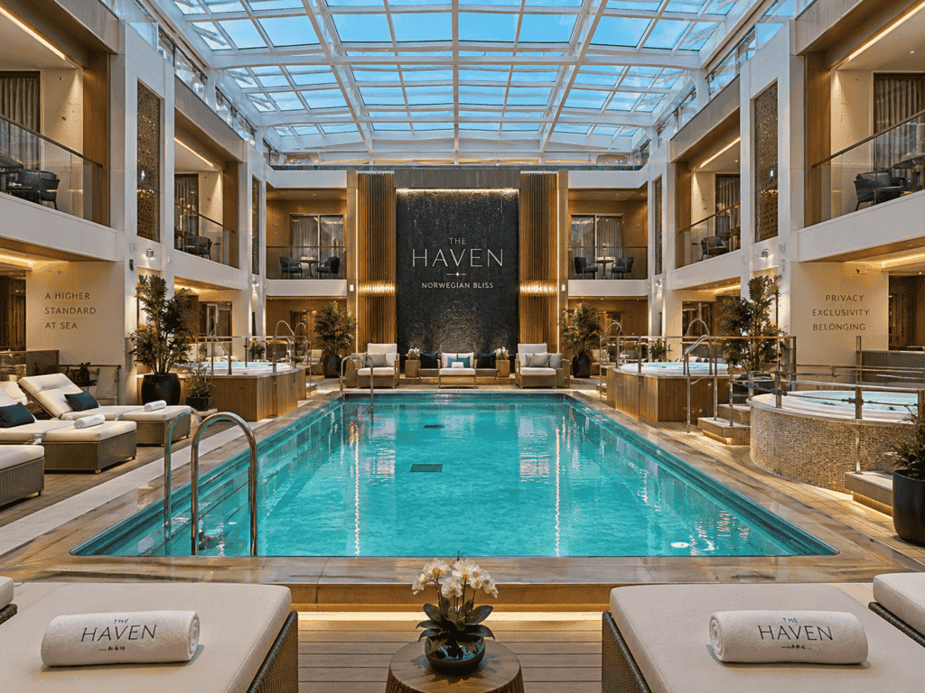 Norwegian Bliss Haven Courtyard pool on deck 17 with the retractable glass roof closed over the water