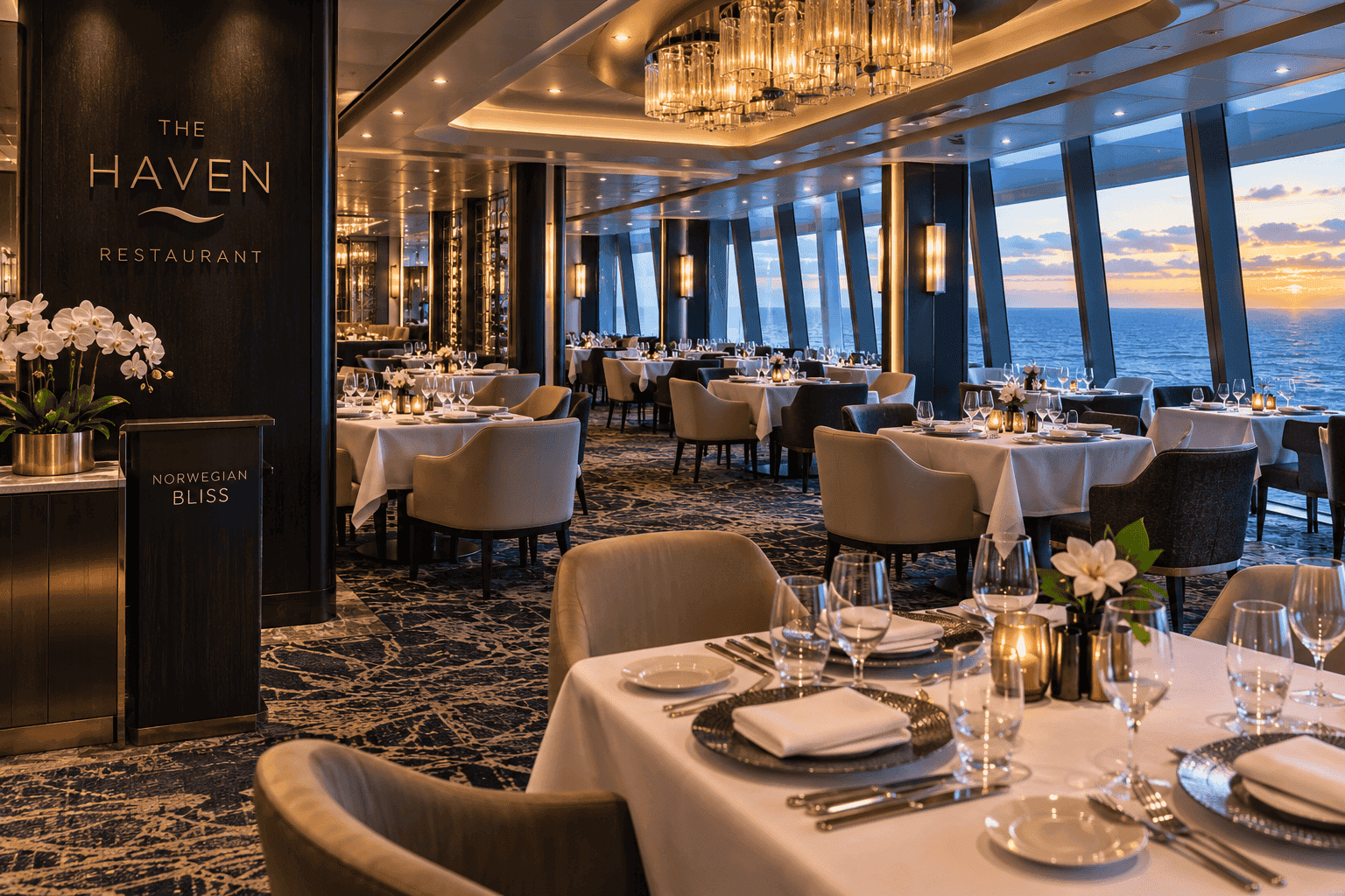 The Haven Restaurant on Norwegian Bliss, deck 18, set for dinner service
