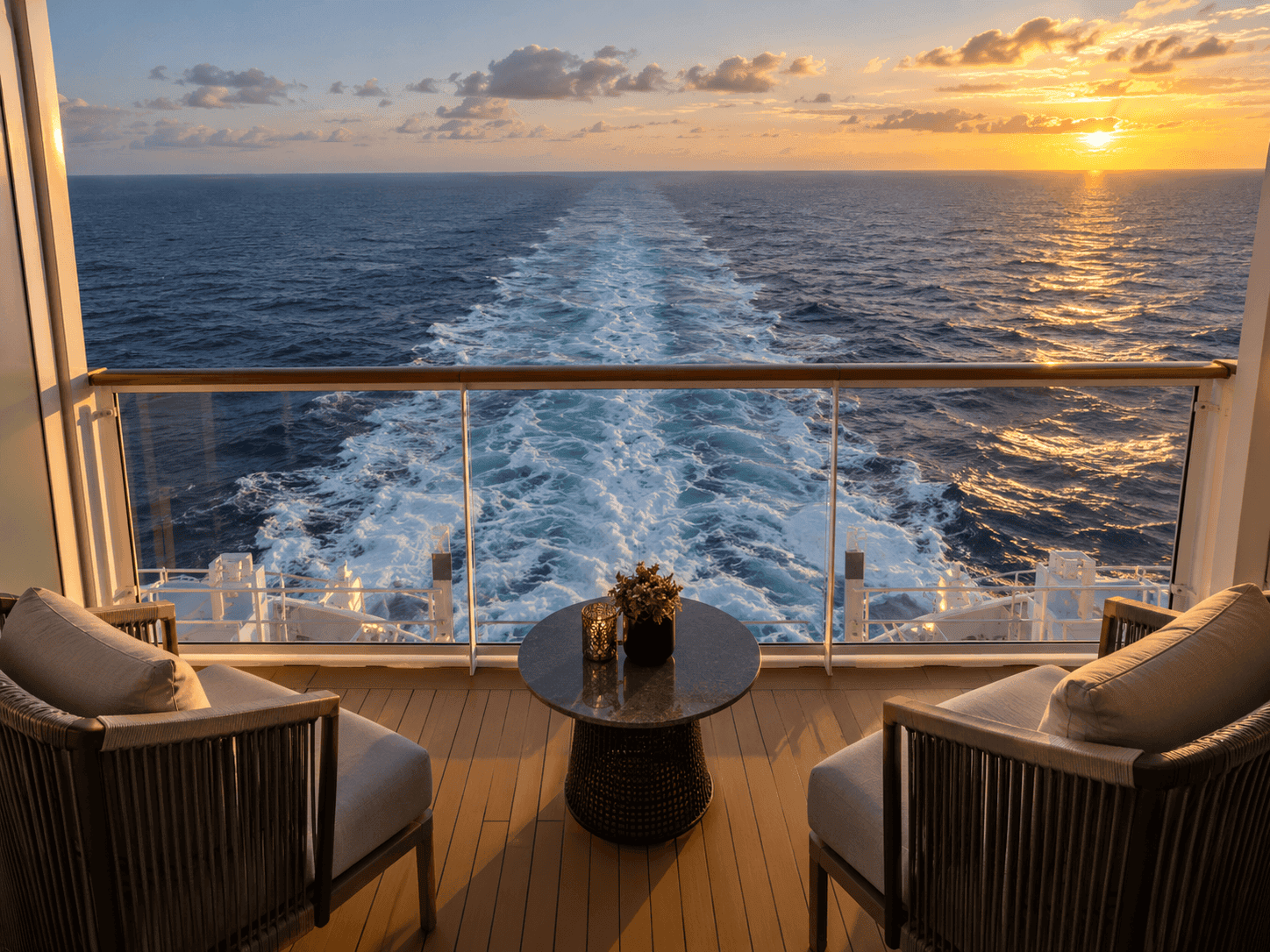 Wake view from an aft-facing Haven penthouse balcony on Norwegian Encore