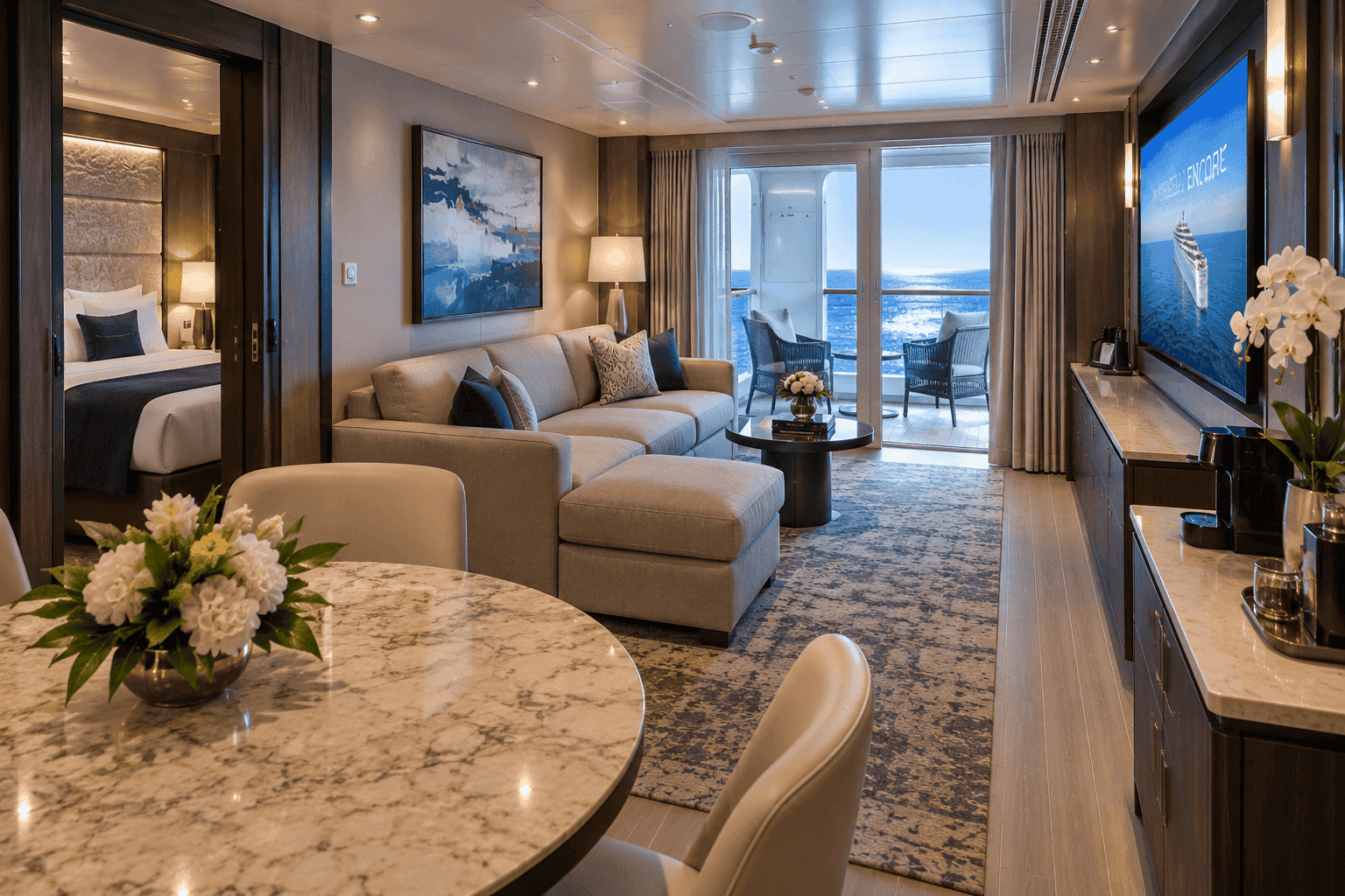 Interior of a Haven Courtyard Penthouse suite on Norwegian Encore showing the living area and balcony door