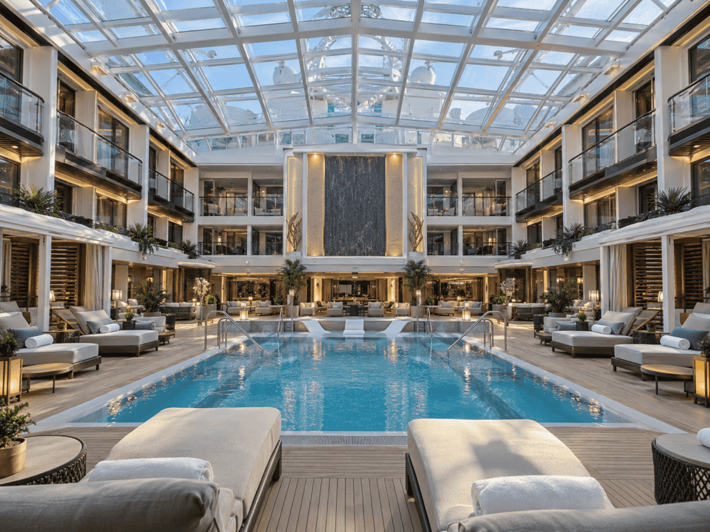 The Haven Courtyard pool on Norwegian Encore under its retractable glass roof, with loungers around the water