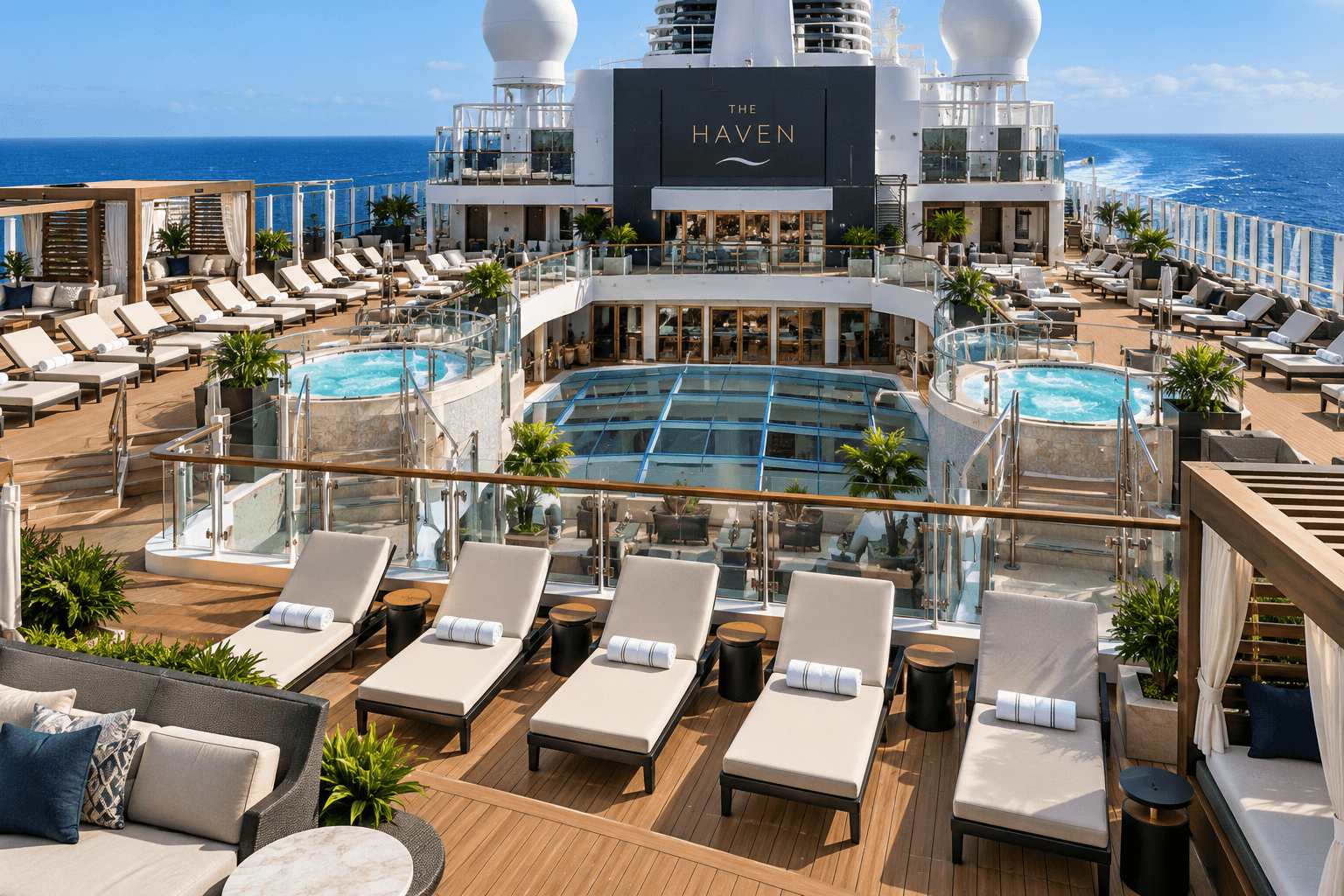 The open-air Haven Sundeck on Norwegian Encore with loungers and hot tubs above the courtyard
