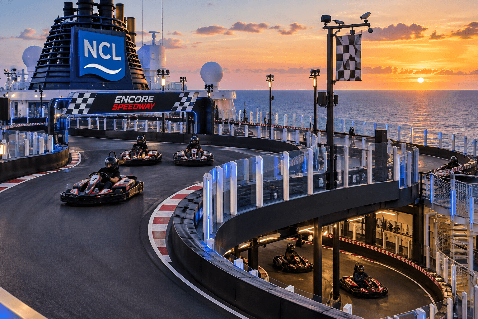The two-level Encore Speedway go-kart track on decks 18 and 19 of Norwegian Encore